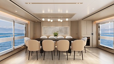 Horizon FD100 11 Horizon FD100 Hull 14 3D Rendering of formal dining and enclosed hi/low glass partition from galley.