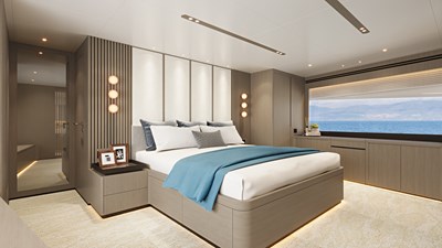 Horizon FD100 14 Horizon FD100 Hull 14 3D Rendering of master stateroom with king bed and custom headboard.