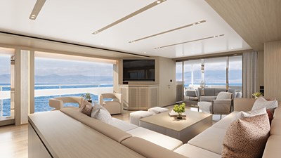 Horizon FD100 8 Horizon FD100 Hull 14 3D Rendering of salon with TV and large windows.