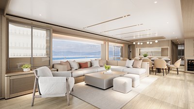 Horizon FD100 7 Horizon FD100 Hull 14 3D Rendering with chair aft and glass cabinet.