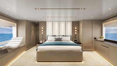 Horizon FD100 13 Horizon FD100 Hull 14 3D Rendering of large master stateroom with lounger to starboard.