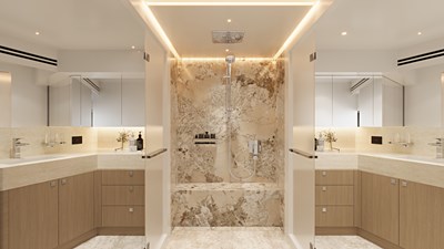 Horizon FD100 15 Horizon FD100 Hull 14 3D Rendering of master shower with his and her heads.