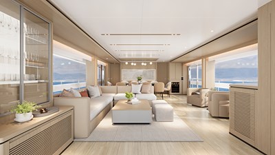 Horizon FD100 6 Horizon FD100 Hull 14 3D Rendering of salon with sofa and coffee table.