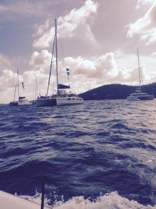 The Moorings PowerSails in front of Pusser's on our way into Scrub Island.