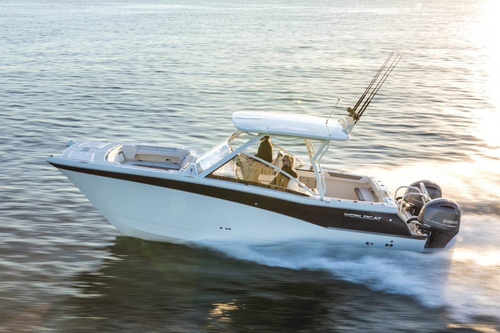 An image of the World Cat 280DC-X, which is a center console catamaran built for fishing and cruising.