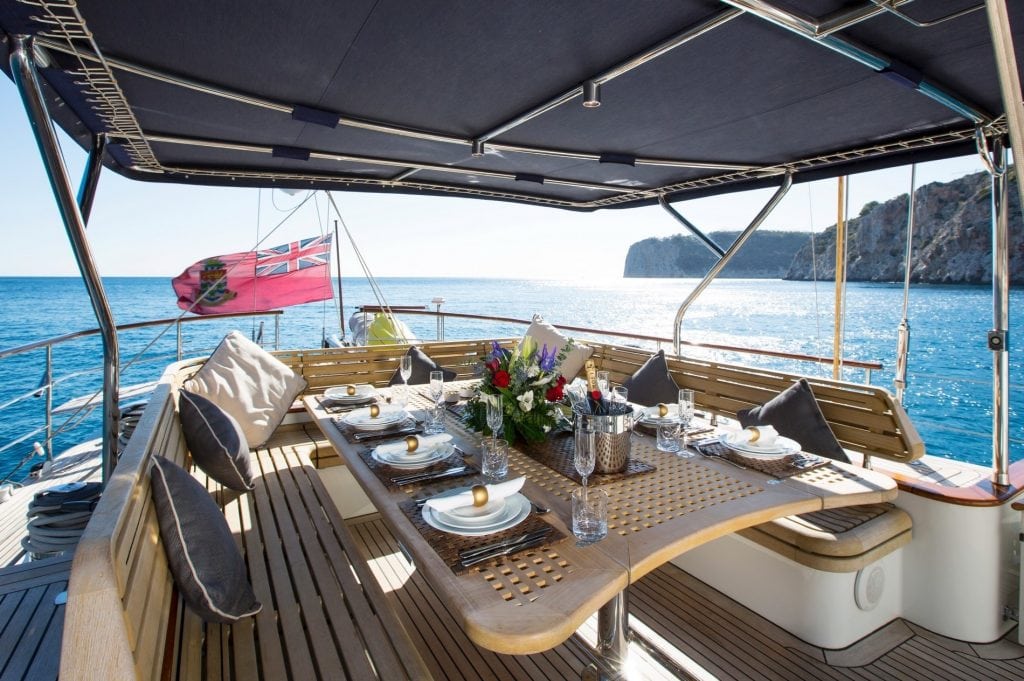 The aft deck of the s/v Infatuation. We'd love to eat with this view!