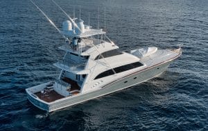 three quarter angle view of full sportfishing boat