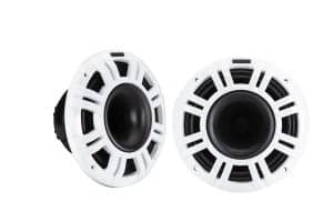 Two white and black Kicker speakers for marine audio systems consideration