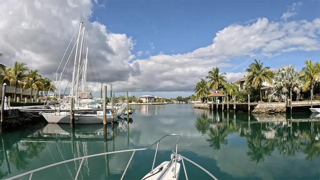 A view from the bow of a boat of the water and docking options at Grand Bahama Island