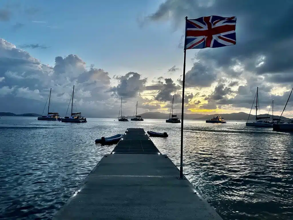 A sunset view from the dock at Cooper island