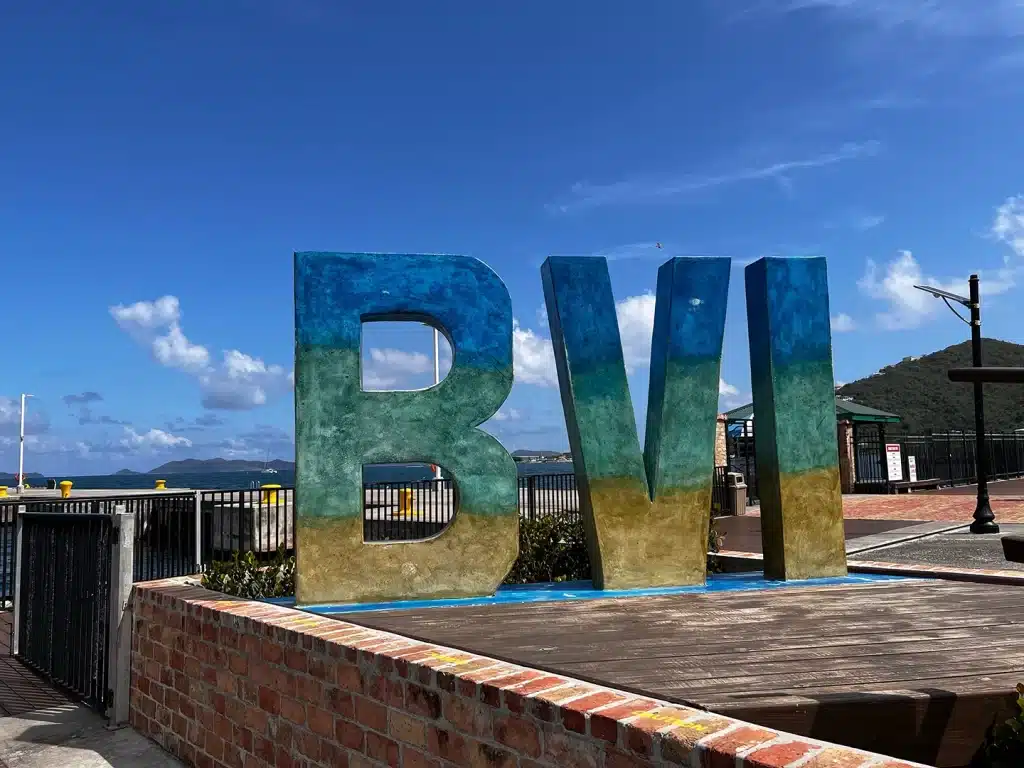 The Caribbean Adventure starts at the British Virgin Islands as seen here with a large BVI statue meant for photos