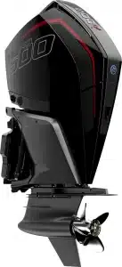 A black Mercury Racing 500R Outboard Marine Engine with a red stripe