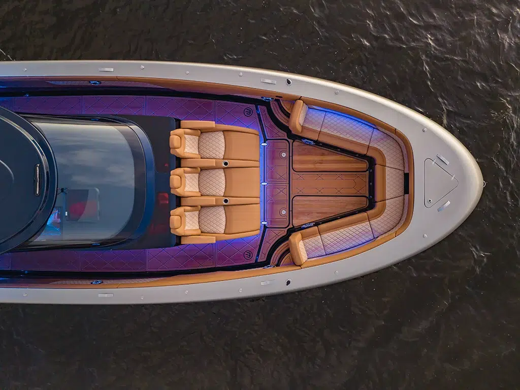 A birds eye view of the Mystic Powerboats M5200 Aft and Console sections