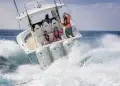 A rear view of a boat using three Yamaha XTO 450 Offshore outboards