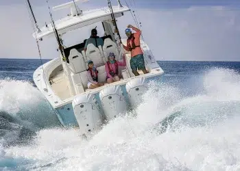 A rear view of a boat using three Yamaha XTO 450 Offshore outboards