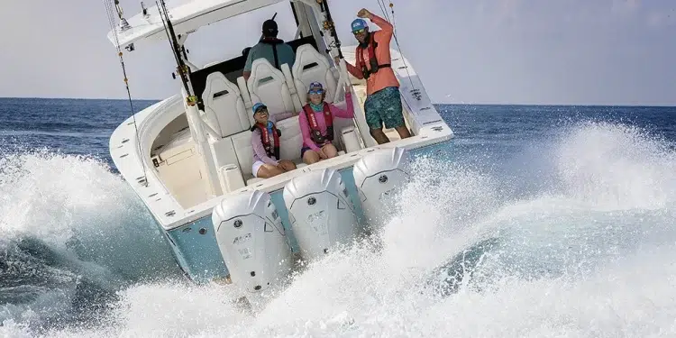 A rear view of a boat using three Yamaha XTO 450 Offshore outboards