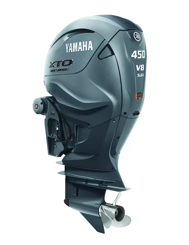 A Black Yamaha XTO 450 Offshore outboard with a white background