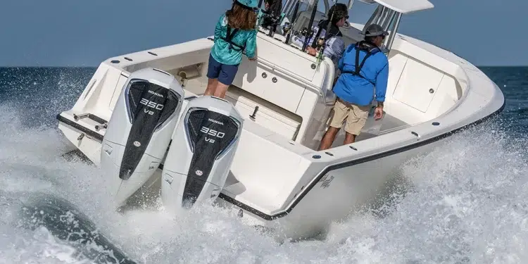 A center console turns on open water while sporting Honda's New BF350 Outboards