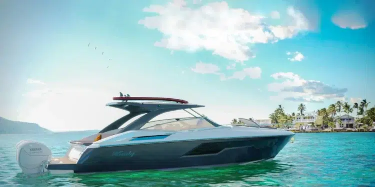 A Rendering of the Windy Boats W40 in Grey floating in water