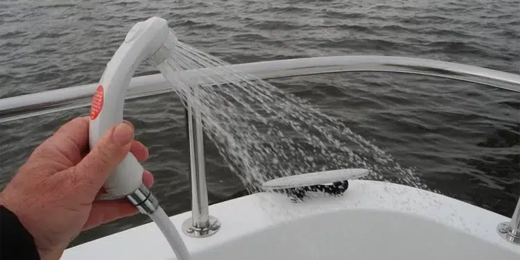 Aft Deck Freshwater Shower sprays while the boat is in open water