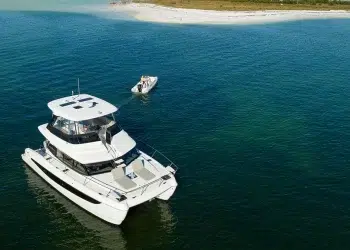 The Aquila 42 anchored near a small island