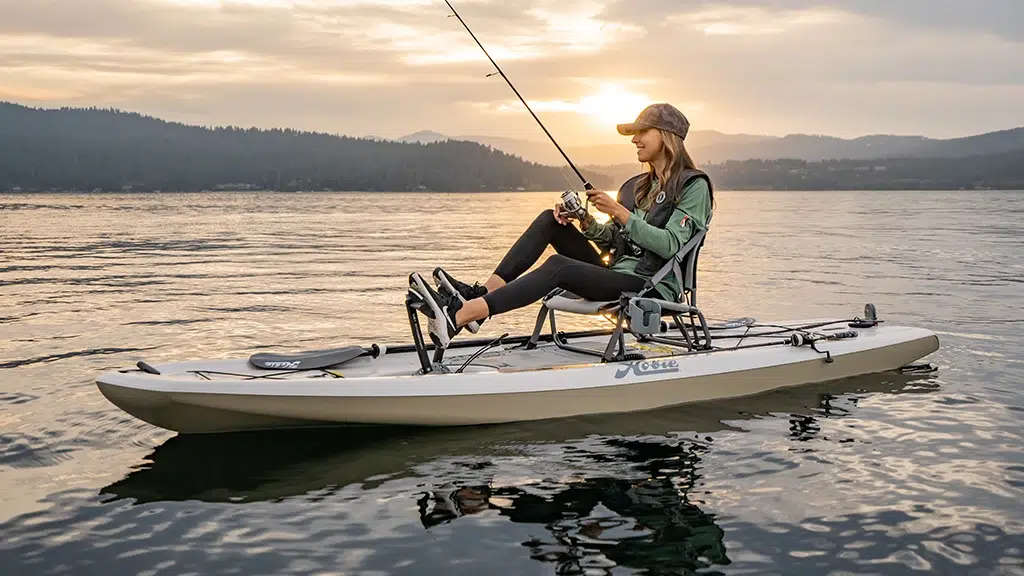 A woman fishing in a Hobie Kayak at sunset