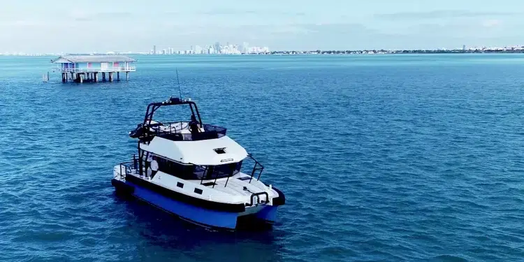 The Explorer 46, a hydrofoil power catamaran, anchored at Stiltsville.