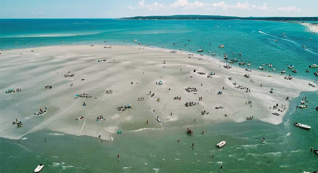 Browns bank social boating sandbar near Plymouth Harbor, Massachusetts