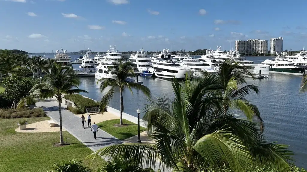 Town of Palm Beach with palm trees in foreground