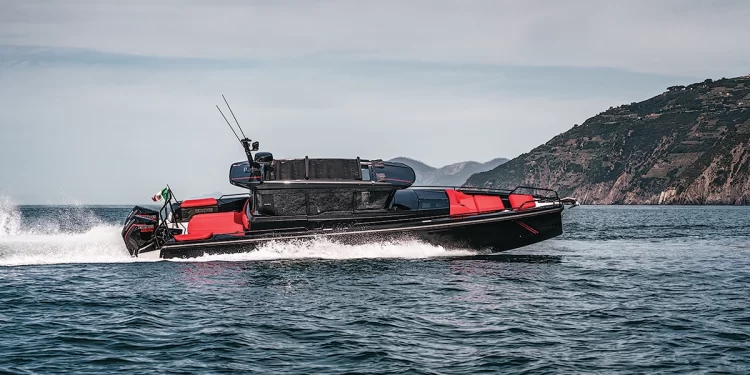 The BRABUS Shadow 1000XC Cross Cabin Black Ops Signature Edition making a sharp starboard turn with a cove in the background