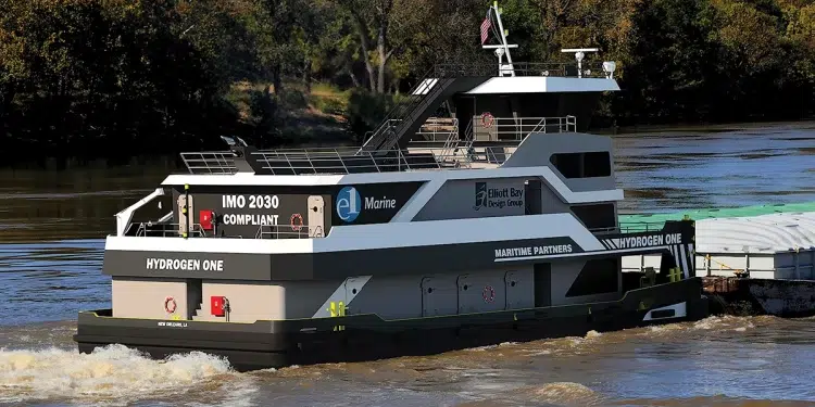 A Hydrogen Powered Boat Cruises along the water