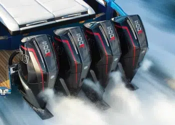 A close up of quad Mercury Racing 500R outboards running a boat