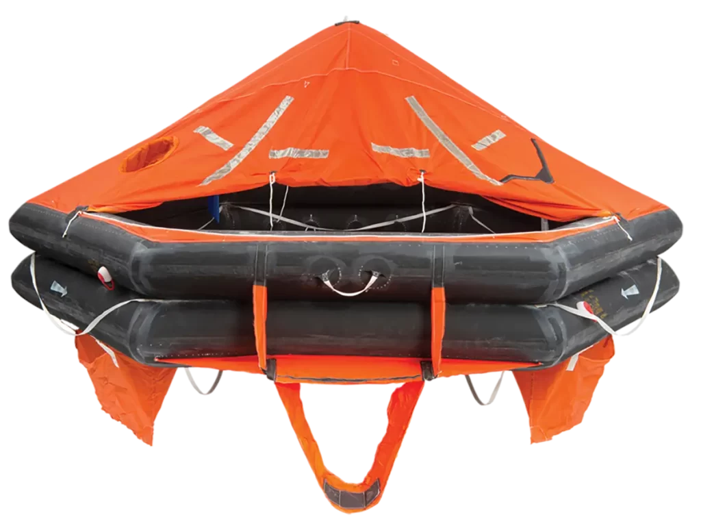 A bright orange life raft