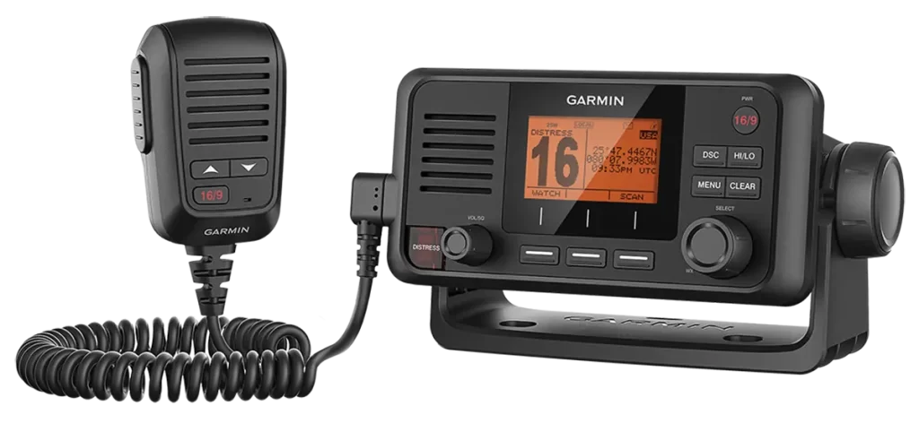 An all black VHF radio with a white background