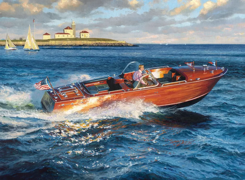 Fine marine art - a boat cuts across water