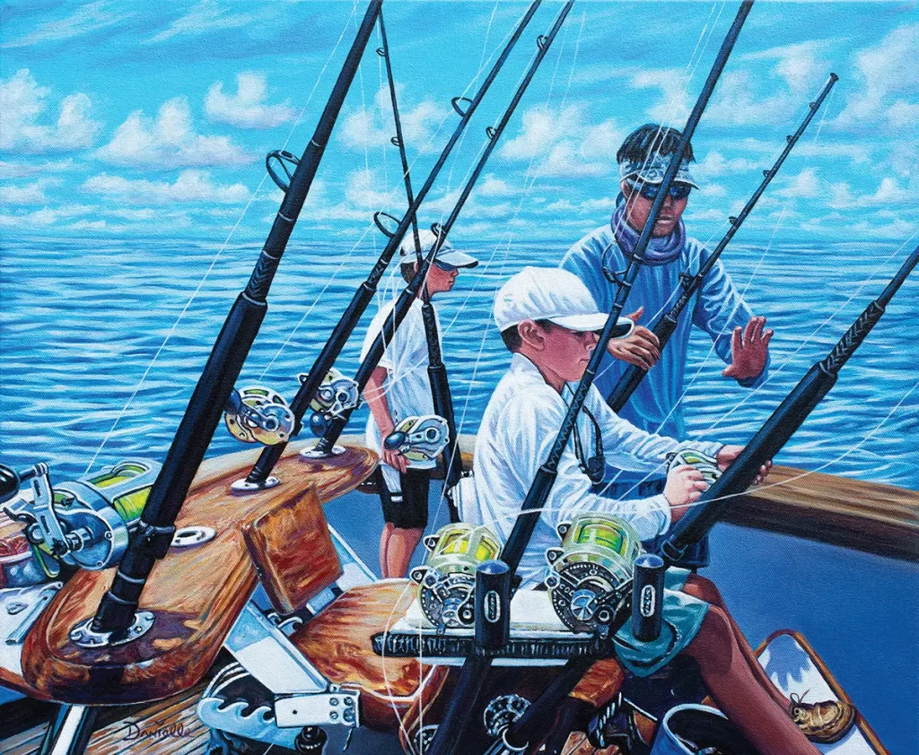 Fine marine art - a father and son fishing