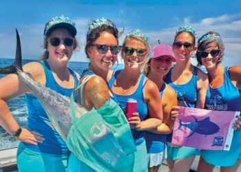 Six women pose for the Tuna and Tiaras Ladies Fishing Tournament