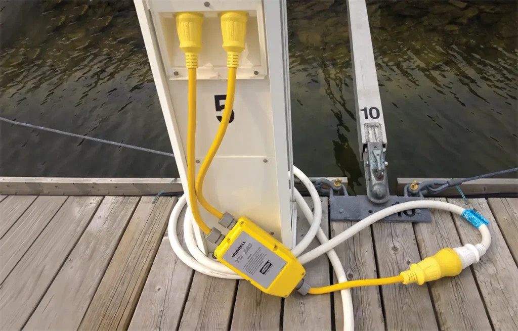 Hubbell YQ230 marine adapter connected to shore power