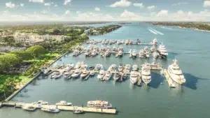 The Town of Palm Beach Marina aerial view showing full docks including super yachts
