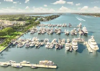 The Town of Palm Beach Marina aerial view showing full docks including super yachts
