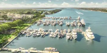 The Town of Palm Beach Marina aerial view showing full docks including super yachts