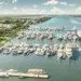The Town of Palm Beach Marina aerial view showing full docks including super yachts