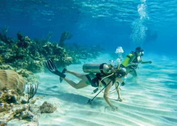 Two people scuba dive at a Bahamas National Park