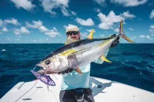 Angler holding a big yellowfin tuna on a boat.