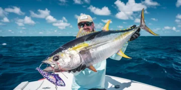 Angler holding a big yellowfin tuna on a boat.