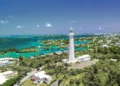 Bermuda island aerial view with a lighthouse in the foreground and the ocean skyline in the background