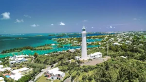 Bermuda island aerial view with a lighthouse in the foreground and the ocean skyline in the background