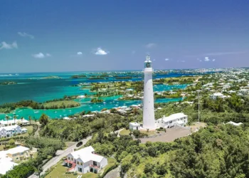 Bermuda island aerial view with a lighthouse in the foreground and the ocean skyline in the background