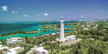 Bermuda island aerial view with a lighthouse in the foreground and the ocean skyline in the background