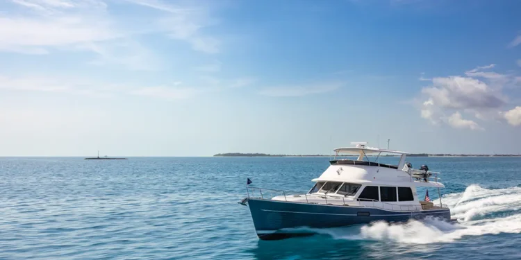 Grand Banks 62 yacht with traditional lines and dark hull running in the water